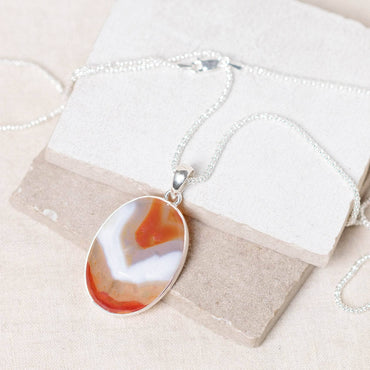 Carnelian Banded Agate Oval Pendant Necklace