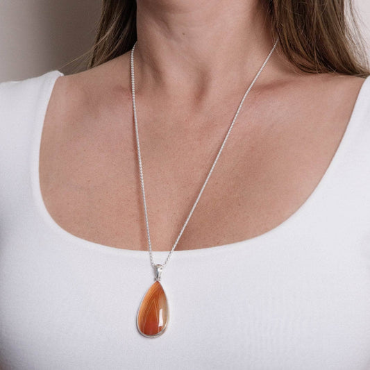 Carnelian Banded Agate Teardrop Pendant Necklace