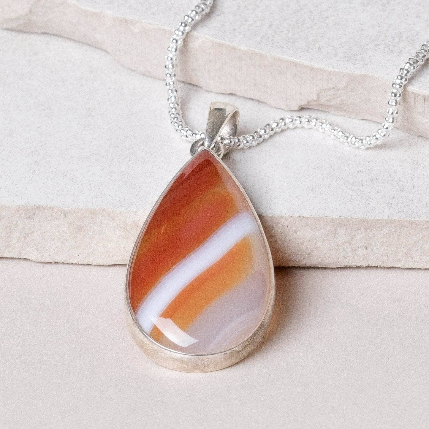 Carnelian Banded Agate Teardrop Pendant Necklace