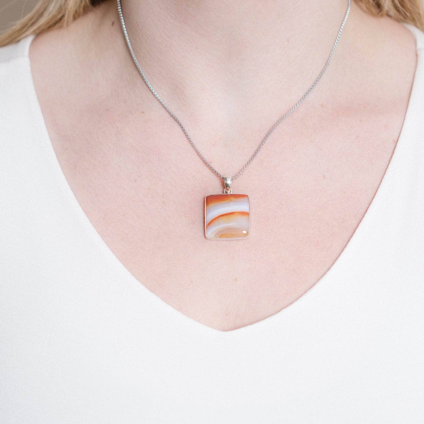 Carnelian Banded Agate Square Pendant Necklace - 1 of a Kind