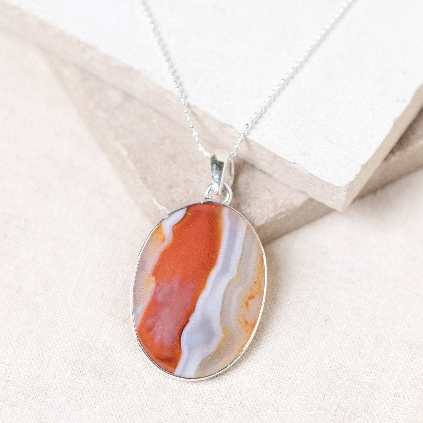 Carnelian Banded Agate Oval Pendant Necklace