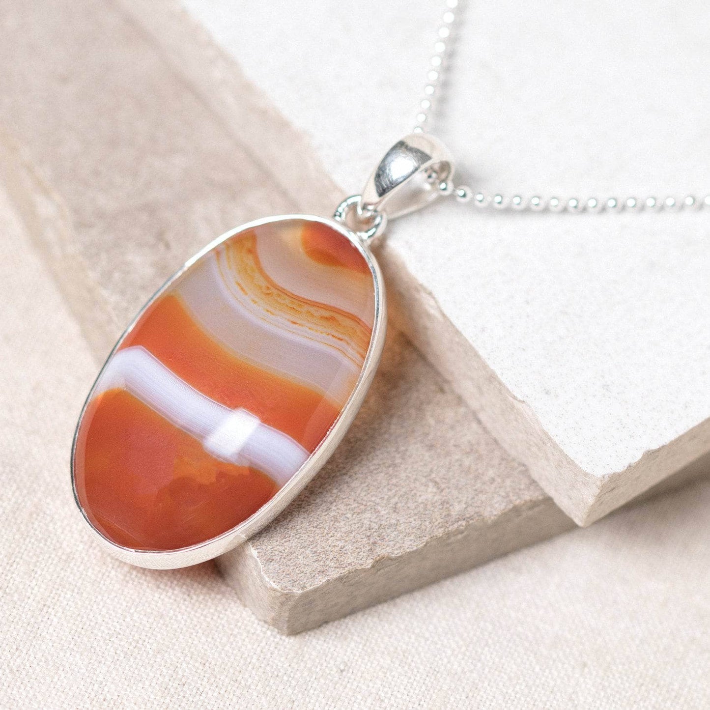 Carnelian Banded Agate Oval Pendant Necklace