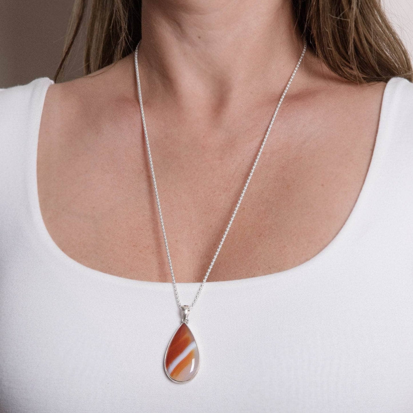 Carnelian Banded Agate Teardrop Pendant Necklace