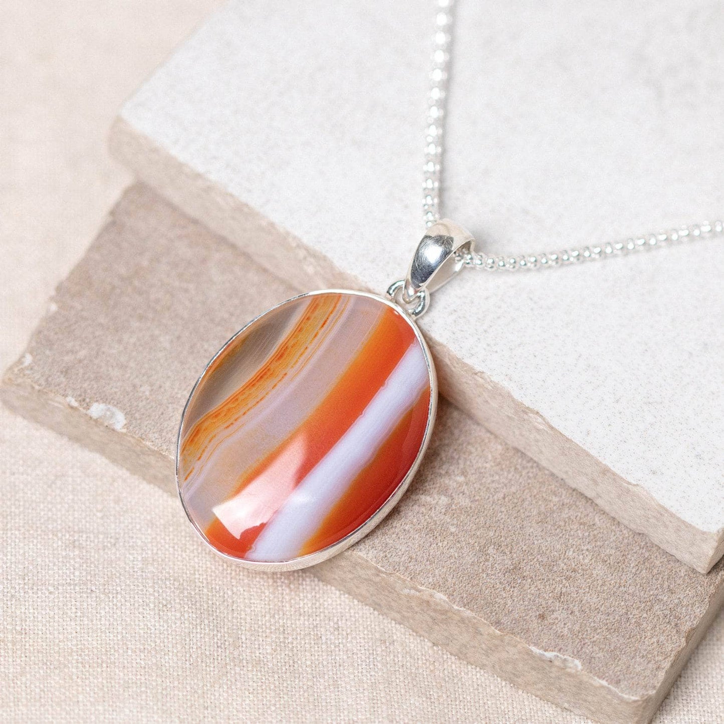 Carnelian Banded Agate Oval Pendant Necklace