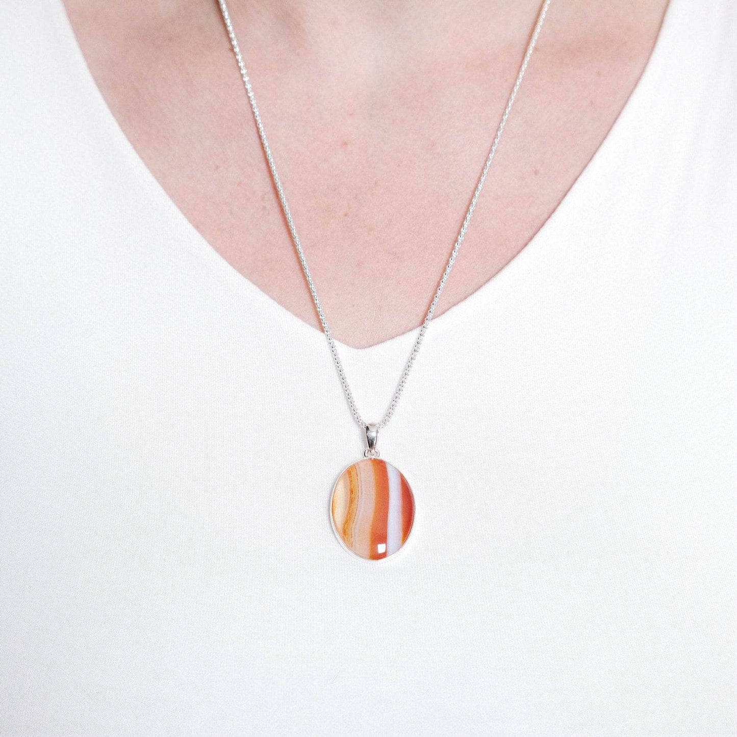 Carnelian Banded Agate Oval Pendant Necklace