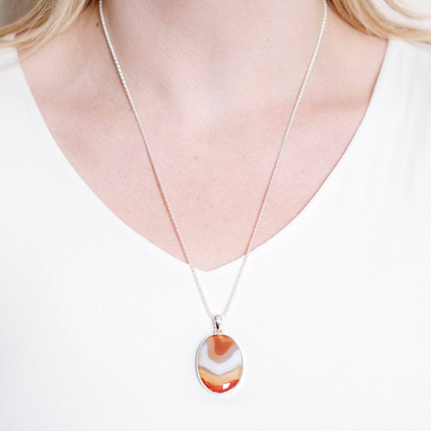 Carnelian Banded Agate Oval Pendant Necklace