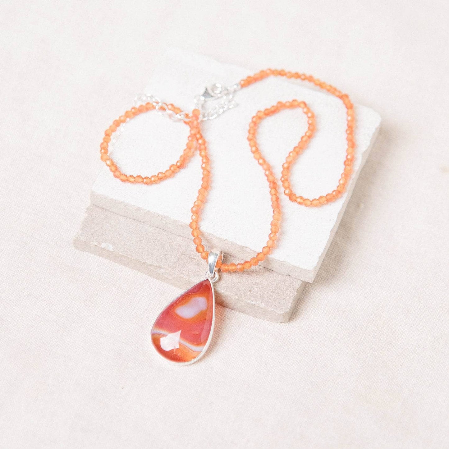 Carnelian Banded Agate Teardrop Pendant Necklace