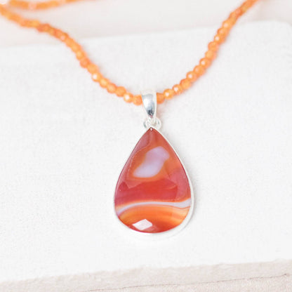 Carnelian Banded Agate Teardrop Pendant Necklace