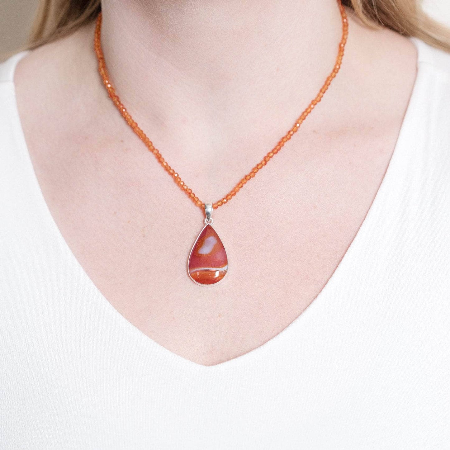 Carnelian Banded Agate Teardrop Pendant Necklace