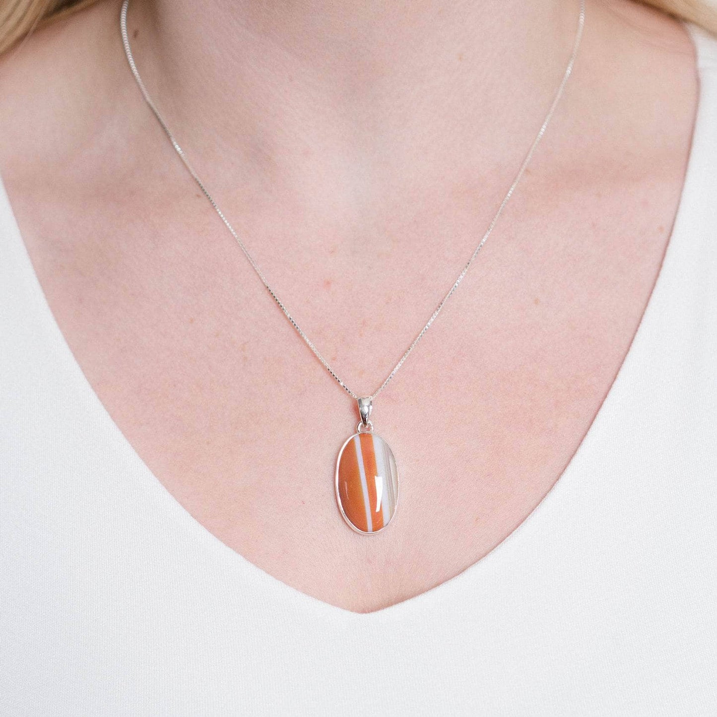 Carnelian Banded Agate Oval Pendant Necklace