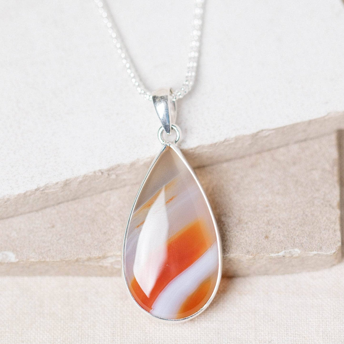 Carnelian Banded Agate Teardrop Pendant Necklace