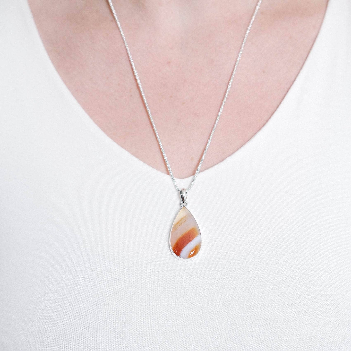 Carnelian Banded Agate Teardrop Pendant Necklace