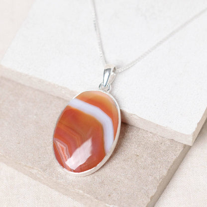 Carnelian Banded Agate Oval Pendant Necklace