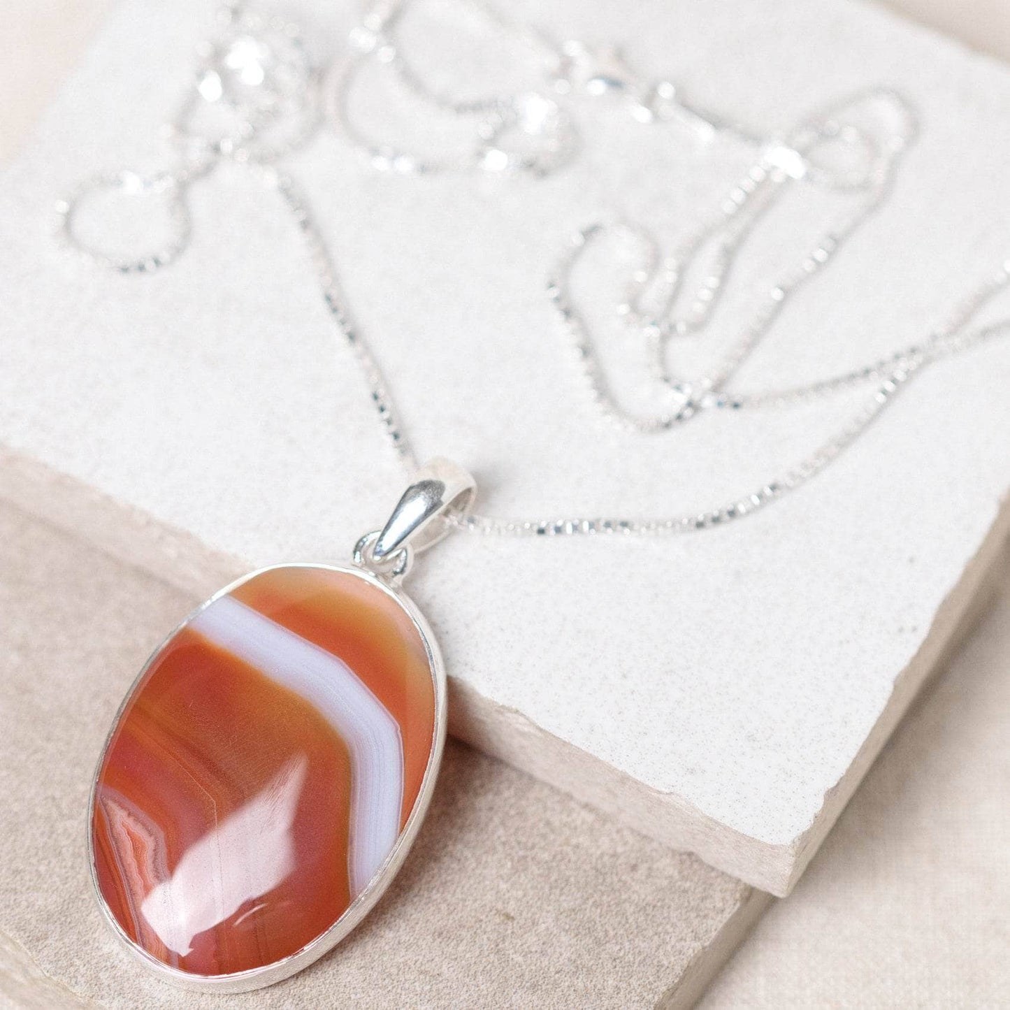 Carnelian Banded Agate Oval Pendant Necklace