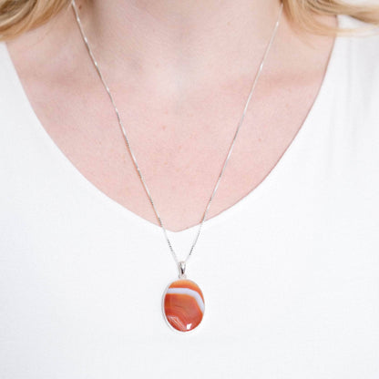 Carnelian Banded Agate Oval Pendant Necklace